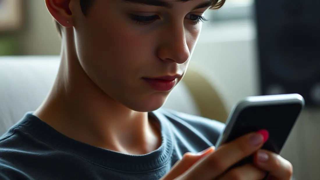 Una joven mira una lista de canciones en su teléfono.