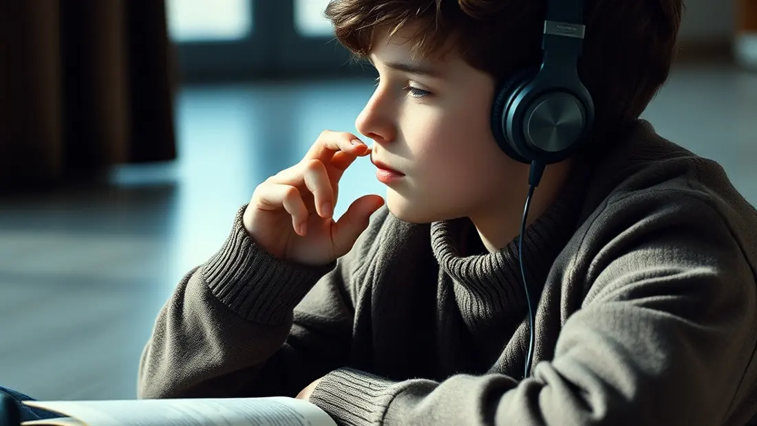 Una joven escucha música con auriculares.