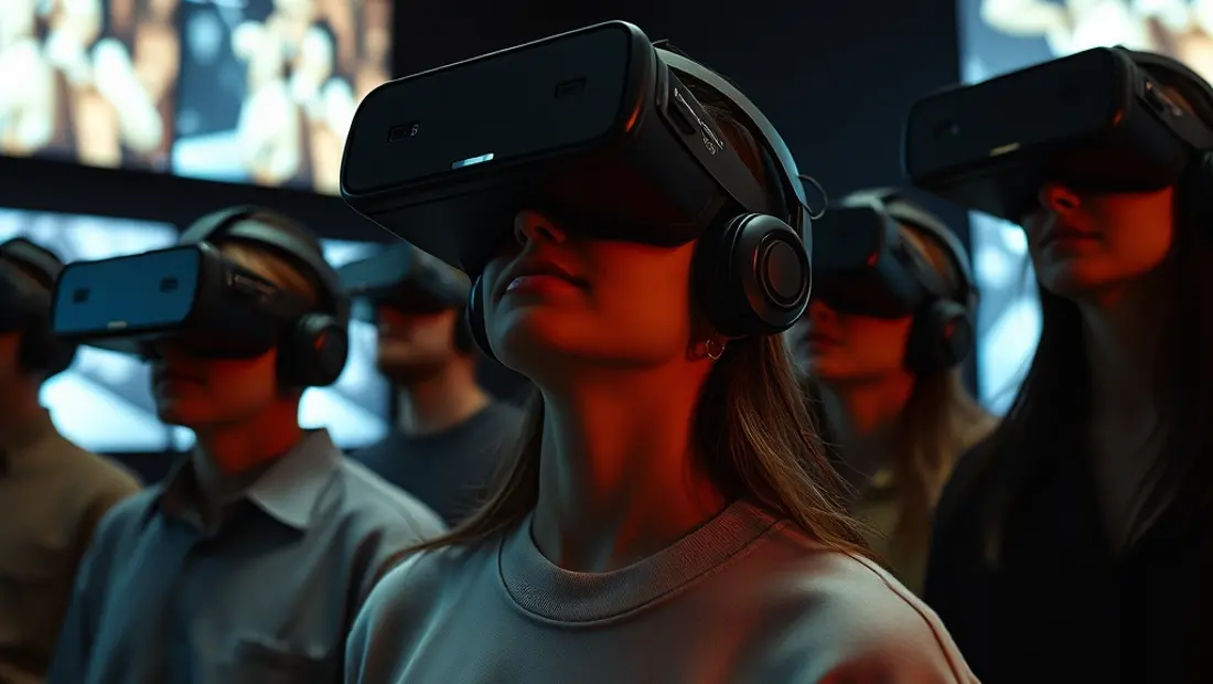 Personas con cascos virtuales en un entorno de realidad virtual