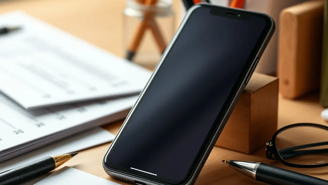 Un smartphone sur un bureau avec des objets de travail