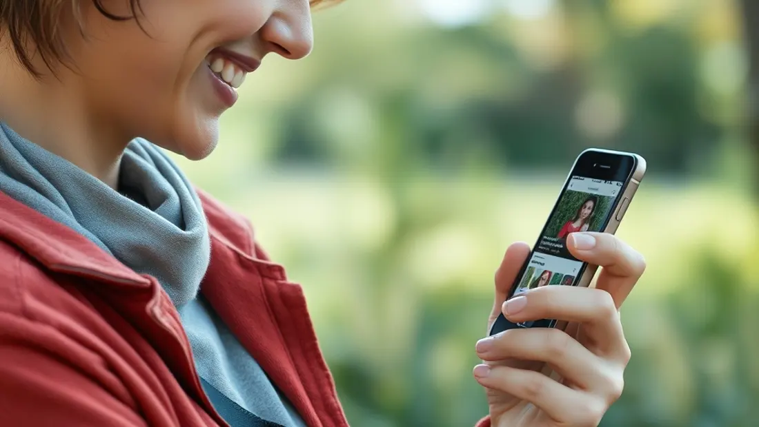Persona sonriendo, mirando su teléfono móvil.