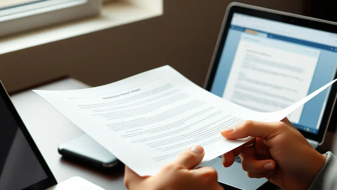 Persona comparando un documento impreso con un ordenador portátil