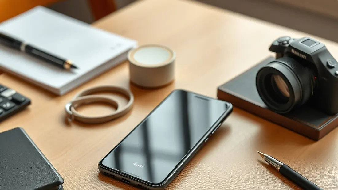 Un teléfono móvil sobre una mesa de trabajo