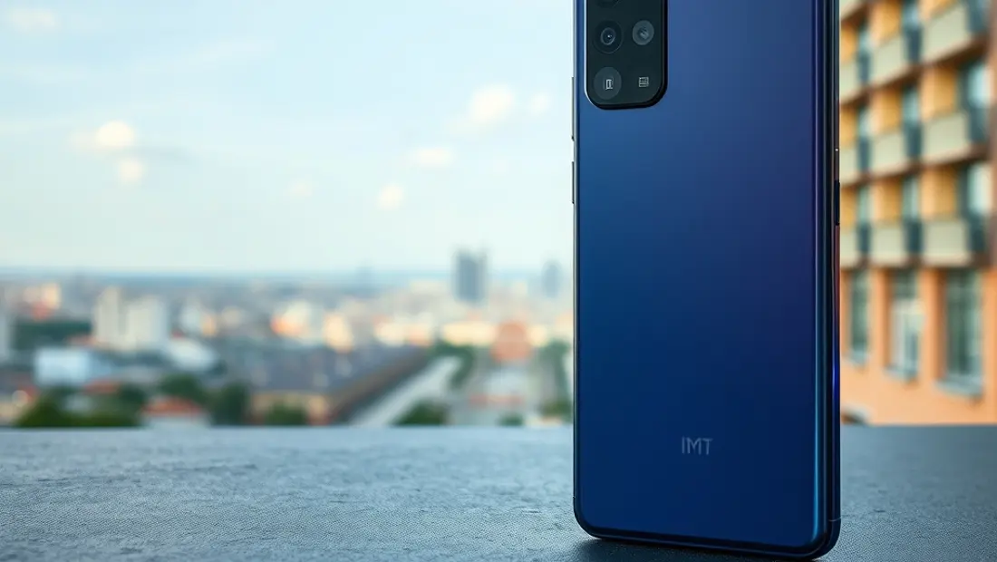 Un teléfono móvil sobre una superficie negra con un fondo de paisaje urbano.
