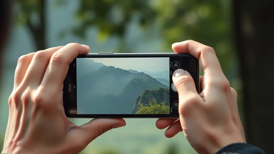 Una persona sosteniendo el teléfono móvil en un paisaje natural.