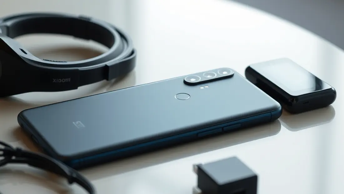 Un teléfono sobre una mesa con accesorios.