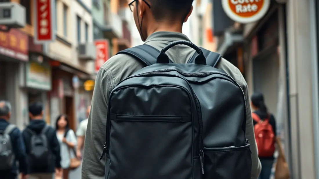 Personne portant un sac à dos dans la rue.